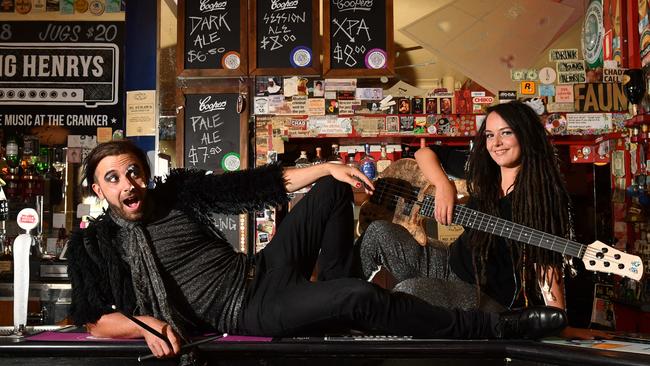 Musicians Troy Benson (Rap Scallion/Thom Lion) and Pearl Tassell (The Backyarders/Submerge) at the Crown and Anchor in Adelaide. Picture: AAP/ Keryn Stevens