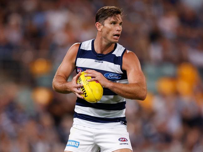 Tom Hawkins looks to move Geelong into attack. Picture: Michael Willson