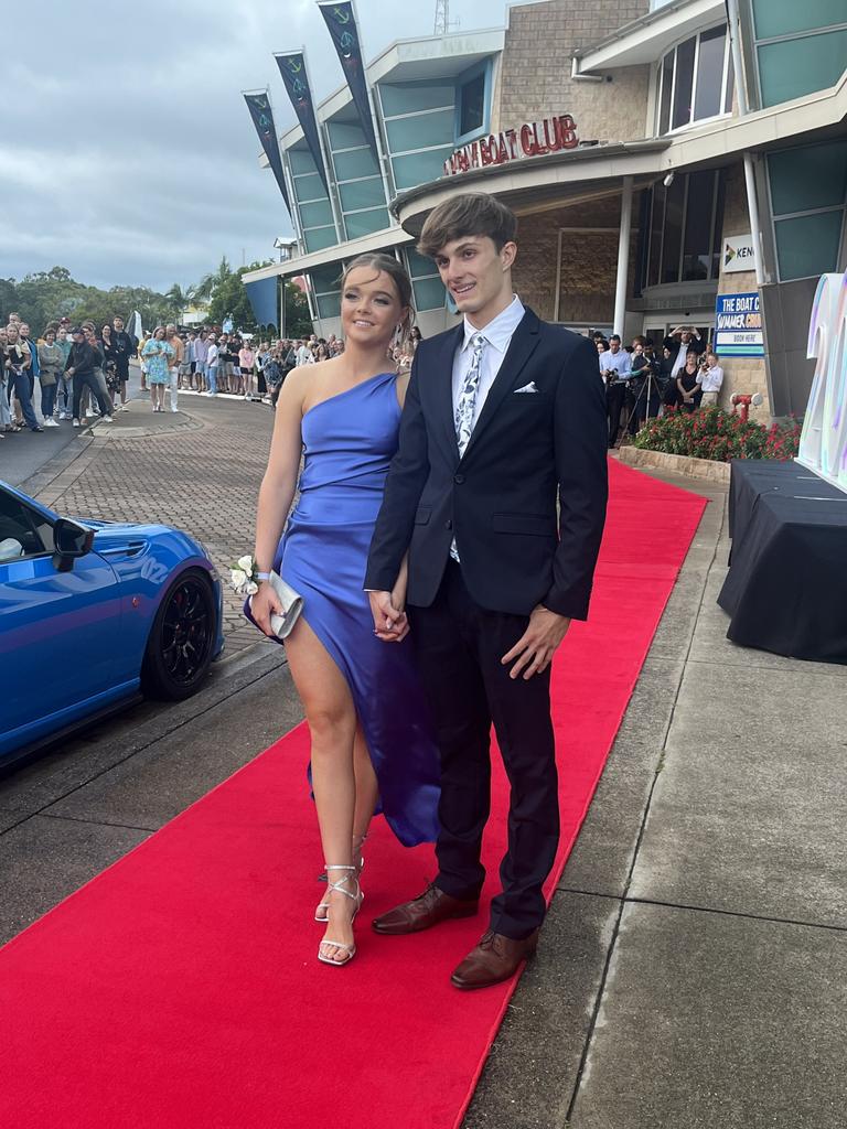 Harry Schoff and Charlotte Davies arrive at the St James Lutheran College formal at Hervey Bay Boat Club.