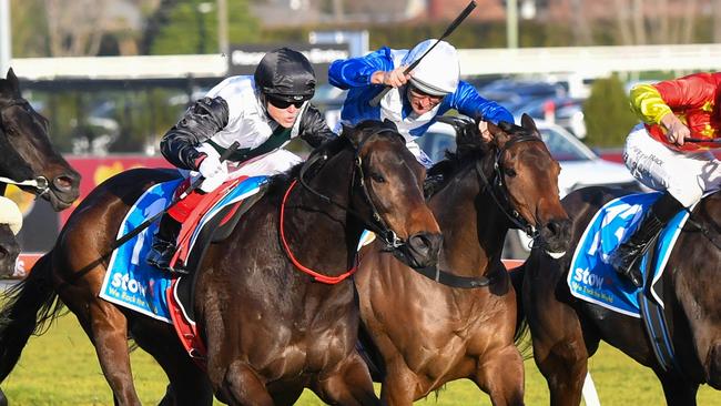 The Makybe Diva Stakes could become a tactical battle between Mr Brightside and Craig Williams (left) and Alligator Blood and Damien Oliver. Picture: Racing Photos via Getty Images