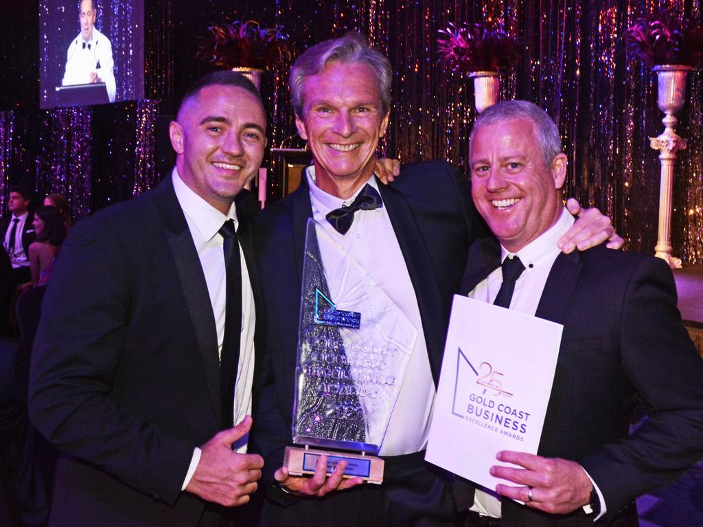 Nick Ensor, Neal Moores and Glenn Cream (CONDEV reps - GC Business of the Year) at Gold Coast Business Excellence Awards Hall of Fame induction at The Star Gold Coast. Picture: Regina King.