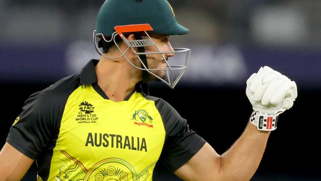 PERTH, AUSTRALIA - OCTOBER 25: Marcus Stoinis of Australia raises his fist to the bench during the ICC Men's T20 World Cup match between Australia and Sri Lanka at Perth Stadium on October 25, 2022 in Perth, Australia. (Photo by James Worsfold/Getty Images)