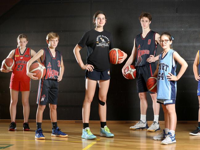 Easter Classic basketball - live stream preview - (LtoR) Emily Gabell,13, Frazer Lawrie,13, Lara Somfai,14, Luca Barei,18, Charlotte Dodd,10, and Izzy Purdie, 12. 1 April 2021. Picture Dean Martin