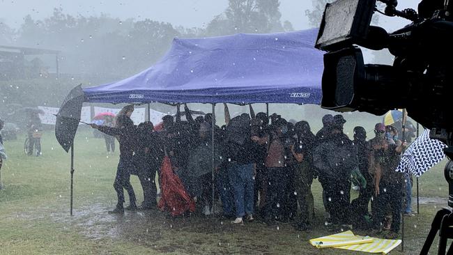 The protest got off to a wet start at Kangaroo Point. Picture: Patrick Billings