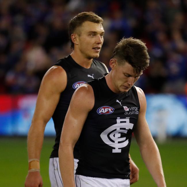 Patrick Cripps (L) and Sam Walsh of the Blues react after a loss in round eight of 2021. Picture: Michael Willson/AFL Photos via Getty Images