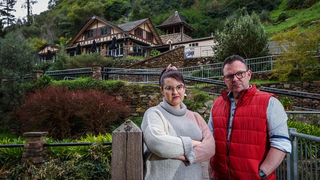 Kelly Markos and husband Justin, who own wedding venue Utopia @ Waterfall Gully and other venues, say Covid restrictions mean they can’t pay their staff. Picture: Tom Huntley