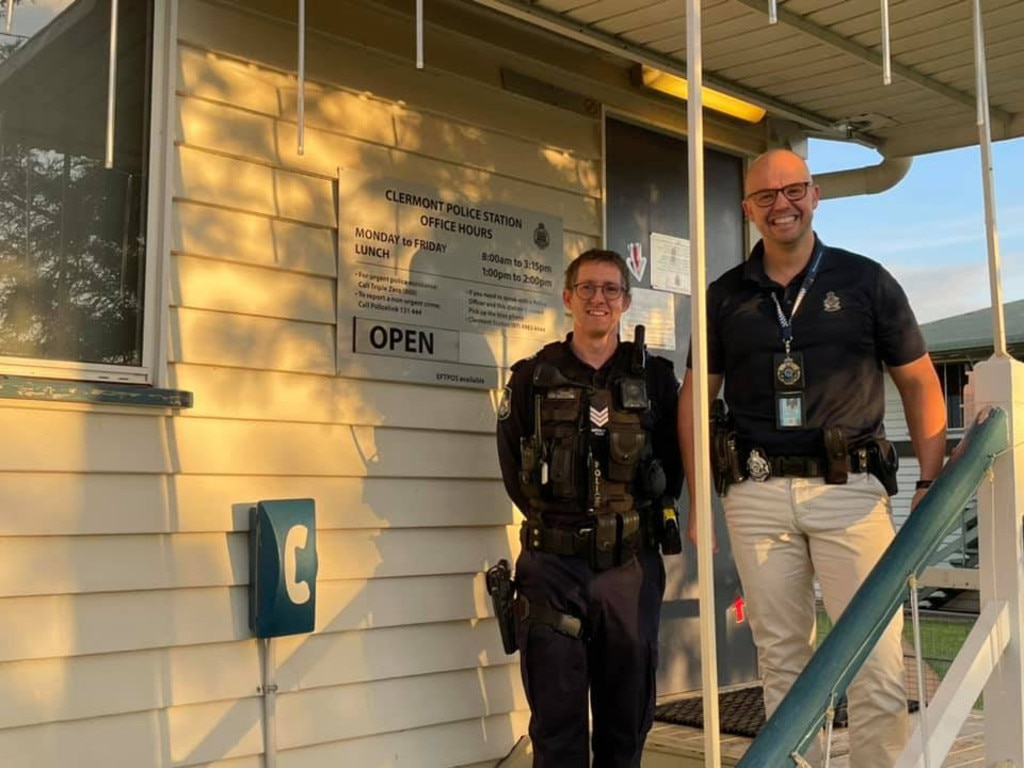 Michael Rodda and Queensland Police Union vice president Shane Prior at Clermont Police Station in 2020. Picture: Contributed