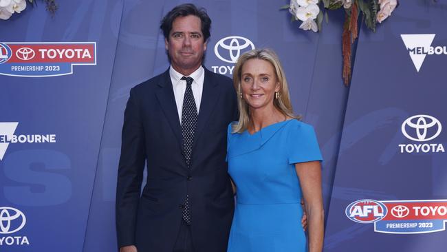 Gillon McLachlan and Laura Blythe arrive to the 2023 Toyota AFL Premiership Season Launch. Picture: Getty Images