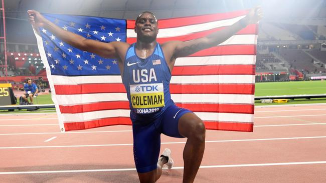 Christian Coleman celebrates his victory. Picture: Kirill Kudryavtsev/AFP