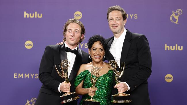 Jeremy Allen White, winner of the Outstanding Lead Actor in a Comedy Series, Liza Colón-Zayas, winner of the Outstanding Supporting Actress in a Comedy Series and Ebon Moss-Bachrach, winner of the Outstanding Supporting Actor in a Comedy Series for The Bear. Photo by Frazer Harrison/Getty Images