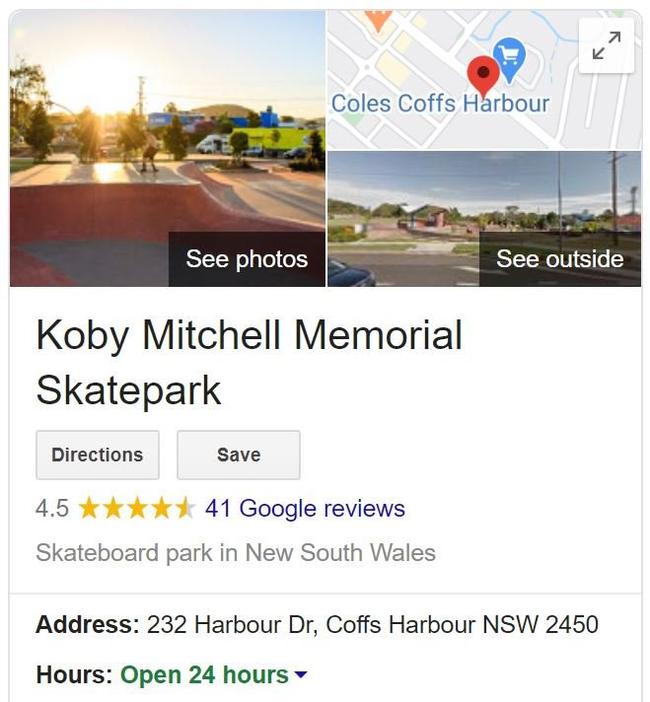 How Coffs Harbour skate park now shows up on google.