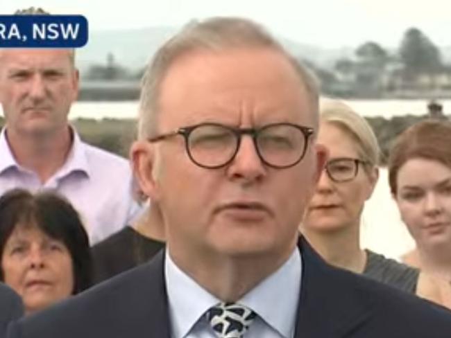 Anthony Albanese has been heckled by anti-wind farm during a visit to a Bluecope Steelworths centre in NSW’s south coast., The Prime Minister was greeting supporters when a passer began yelling at him. Picture: ABC,