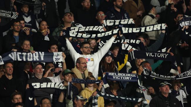 MELBOURNE, AUSTRALIA - APRIL 29: Victory fans are seen during the round 26 A-League Men's match between Melbourne Victory and Brisbane Roar at AAMI Park, on April 29, 2023, in Melbourne, Australia. (Photo by Robert Cianflone/Getty Images)