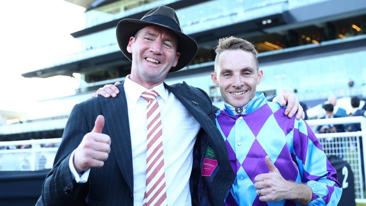 Trainer Ciaron Maher and jockey Declan Bates celebrate. Picture: Jeremy Ng/Getty Images