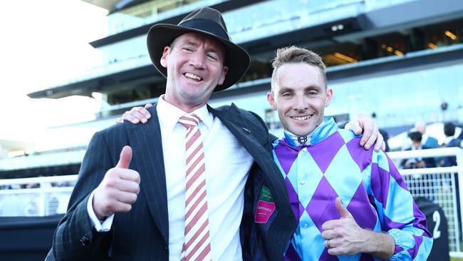 Trainer Ciaron Maher and jockey Declan Bates celebrate. Picture: Jeremy Ng/Getty Images