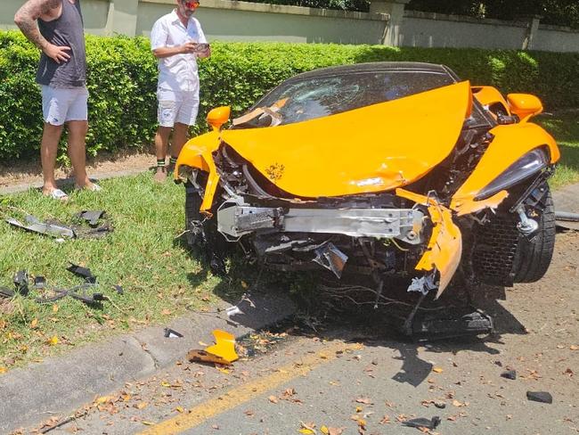 McLaren sports car badly damaged in crash with wall at Hope Island. Picture: Supplied.