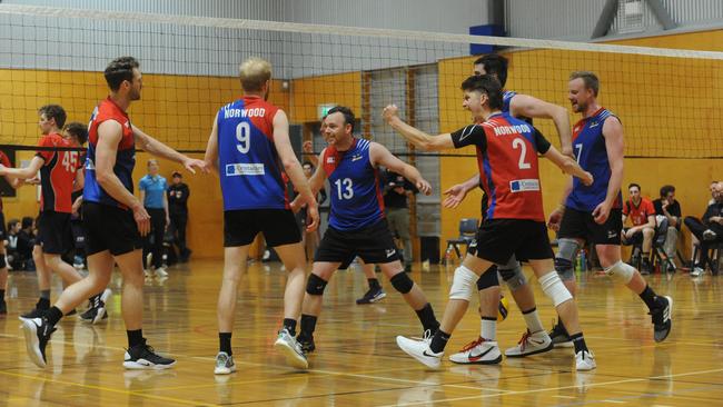 Norwood Bears players celebrate after winning a point in the thrilling Volleyball SA League men’s grand final against Mt Lofty Rangers on Saturday. Picture: Michael Marschall
