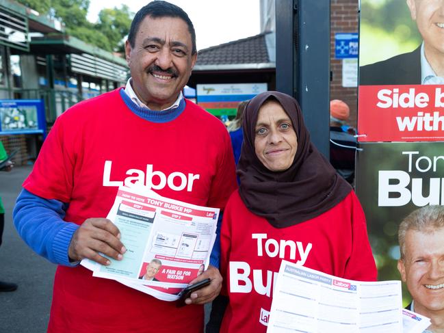 Labor supporters Karl Saleh and Fatima Arja at Punchbowl Public School on election day. Picture: Jordan Shields