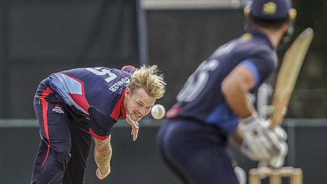 Vic Premier Cricket grand final. Prahran v Dandenong. Jack Fowler bowling for Dandenong. Picture: Valeriu Campan