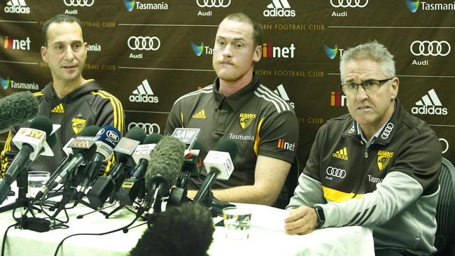 Jarryd Roughead (centre) speaks to media in 2016 after his cancer re-occurence. Picture: David Caird