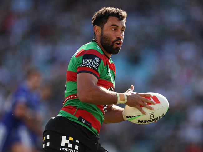 SYDNEY, AUSTRALIA - MARCH 29: Alex Johnston of the Rabbitohs makes a break during the round four NRL match between South Sydney Rabbitohs and Canterbury Bulldogs at Accor Stadium, on March 29, 2024, in Sydney, Australia. (Photo by Cameron Spencer/Getty Images)