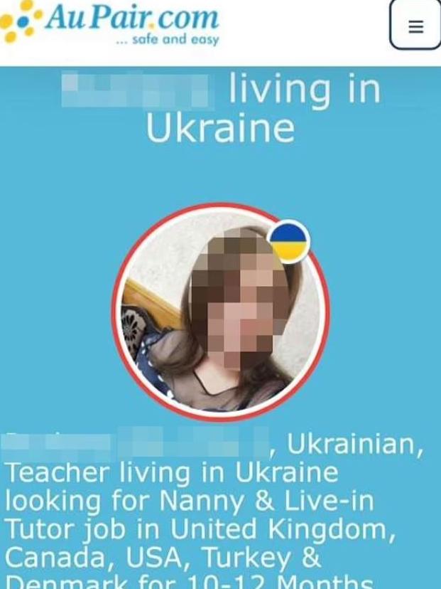 The Ukrainian woman’s ad shows her looking for employment as a live-in nanny. Picture: Supplied