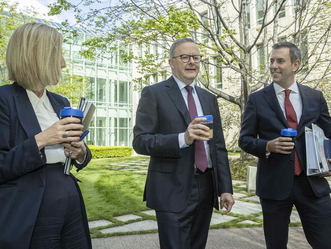 CANBERRA, AUSTRALIA NewsWire Photos OCTOBER 25, 2022:BUDGET 2022Australian Prime Minister Anthony Albanese with the Treasurer Jim Chalmers and the  Minister for Finance Katy Gallagher at Parliament House in Canberra for the 2022 Federal Budget.Picture: NCA NewsWire / Gary Ramage