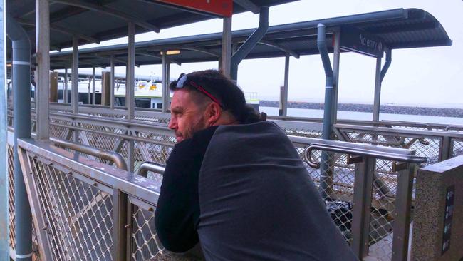 Joshua Doyle at Weinam Creek ferry terminal after missing the last boat to home to Russell Island on Wednesday. Picture: JUDITH KERR