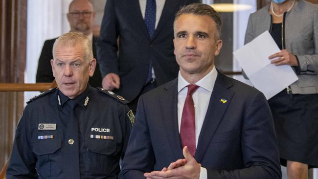 Police Commissioner Grant Stevens and Premier Peter Malinauskas at a press conference in Old Parliament House in May, 2022. Picture: NCA NewsWire / Naomi Jellicoe