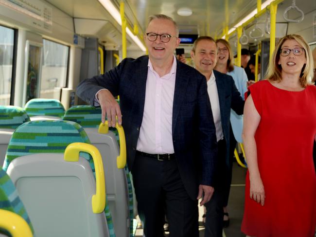 PERTH, AUSTRALIA - NewsWire Photos - 8 DECEMBER 2024:  Prime Minister Anthony Albanese joins Premier Roger Cook & Rita Saffioti on the newly opened Ellenbrook train line via Metronet.Picture: NewsWire / Sharon Smith