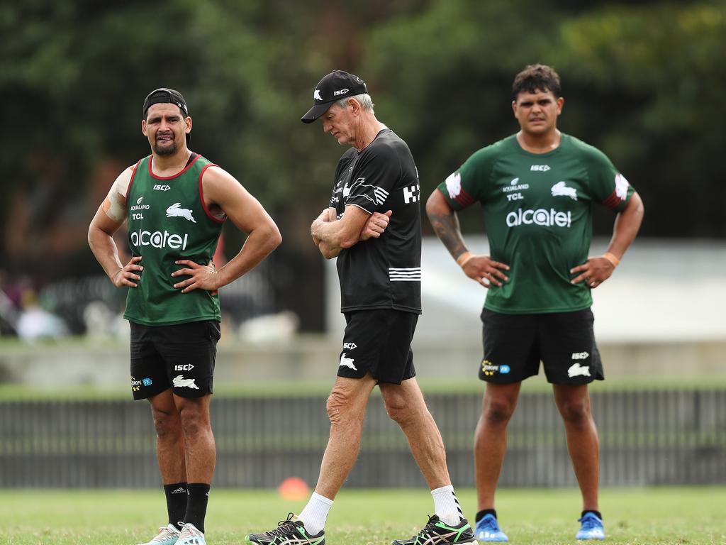 Cody Walker, coach Wayne Bennett and Latrell Mitchell during South Sydney NRL training during Bennett’s previous stint at the Rabbitohs. Picture: Brett Costello