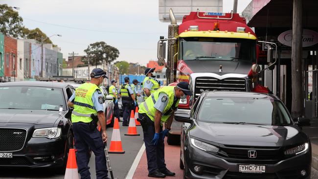 A roadblock in Annandale as part of a police action to stop a Freedom Rally planned for Sydney Park. Picture: Tim Hunter