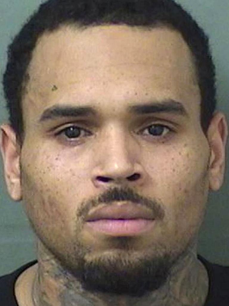 Chris Brown’s 2018 mug shot after he was arrested for battery in Florida. Picture: AFP