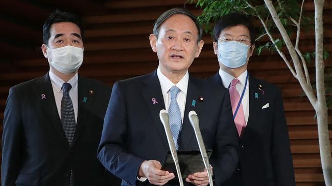 Prime Minister Yoshihide Suga after his phone conversation with US President-elect Joe Biden. Picture: AFP