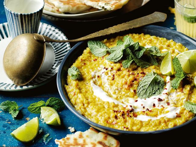 Turmeric dahl with curry leaf flatbread.