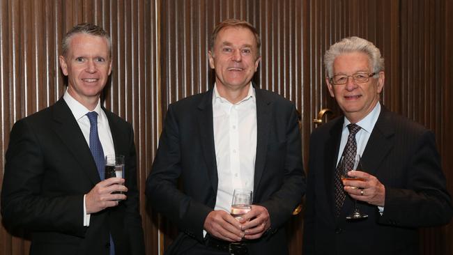 (L-R) Christian Johnston, Head of Investment Banking Goldman Sachs, Peter Tonagh, CEO Foxtel, Doug Stace Director and Principal Stace Management Network at the BHP Competitive Advantage Forum in Sydney on Thursday. Hollie Adams/The Australian