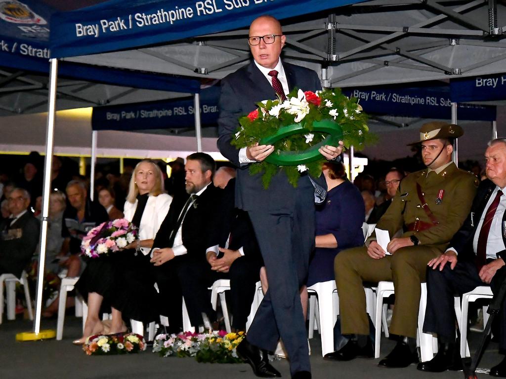 Peter Dutton at the service Bray Park-Strathpine RSL sub branch ANZAC day dawn service. Thursday April 25, 2024. Picture, John Gass