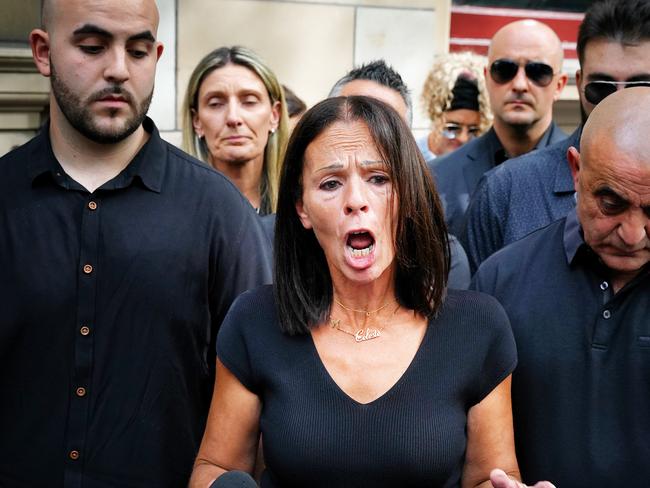 MELBOURNE AUSTRALIA - NewsWire Photos FEBRUARY 29, 2024: (L-R) Alessandro Manno, Aggie Di Mauro and Tony Manno,  family of Celeste Manno, who was murdered by co-worker Luay Sako talk to the media after sentencing at the Supreme Court in Melbourne. Picture: NCA NewsWire / Luis Enrique Ascui