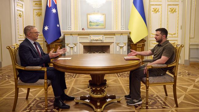 Anthony Albanese and Volodymyr Zelensky speak ahead of their Kyiv meeting. Picture: AFP