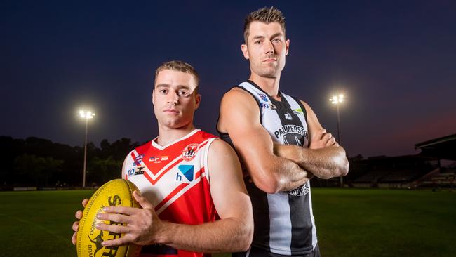 Palmerston’s Matt Dennis and Waratah’s James Edmonds at Gardens Oval before the NTFL 2020-21 season opener, the first game of many NTFL matches to be livestreamed on ntnews.com.au this season. Picture: Che Chorley