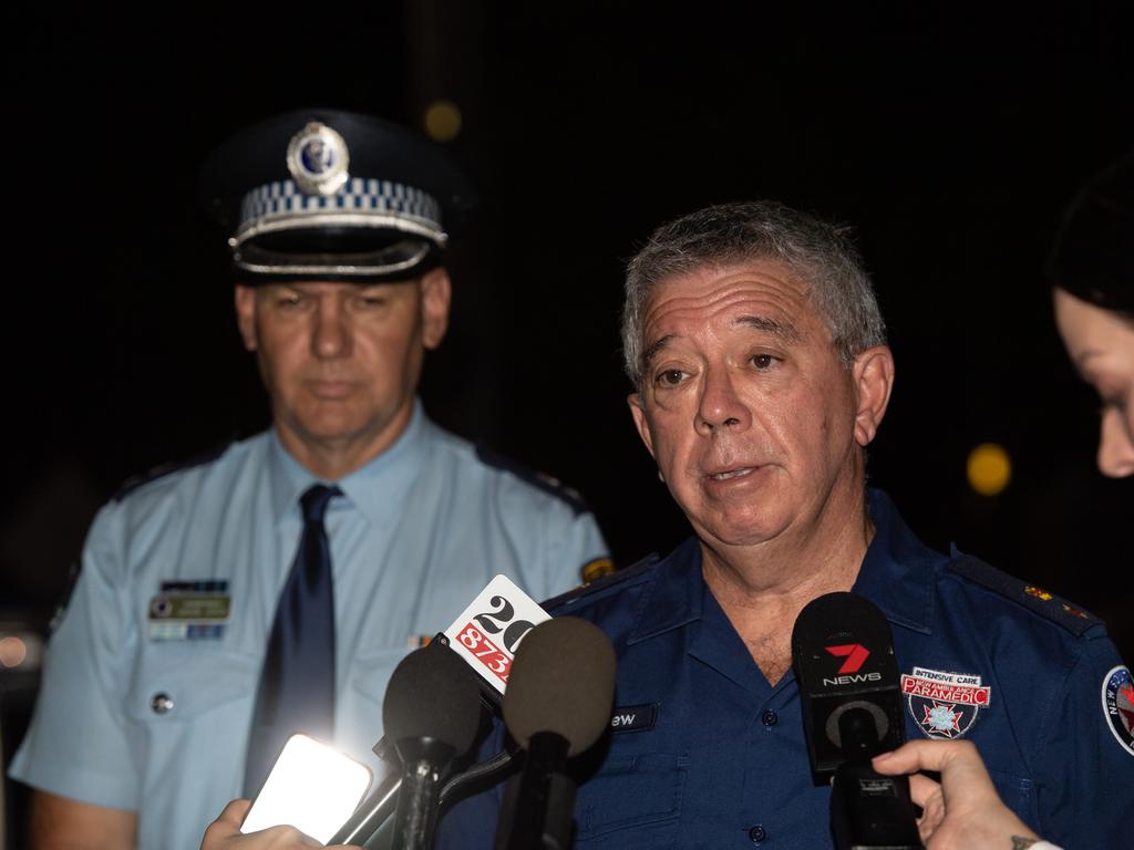 Acting north west Metropolitan Regional commander &amp; assistant Commissioner Jason Joyce &amp; Acting Superintendent Andrew McAlpine at a press conference Saturday night at the scene. Picture: Monique Harmer