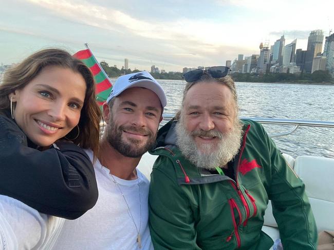 Pictures from Chris Hemsworth's Instagram of him and Elsa Pataky enjoying the South Sydney Rabbitohs win with Russell Crowe. Source: Instagram