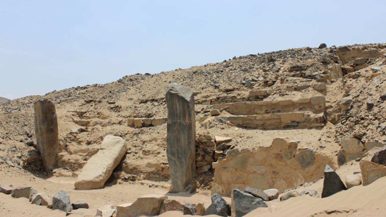 A series of vertical stones called ‘huancas’ suggested to archaeologists there was a site to be discovered. Picture: Jam Press/Caral Archaeological Zone