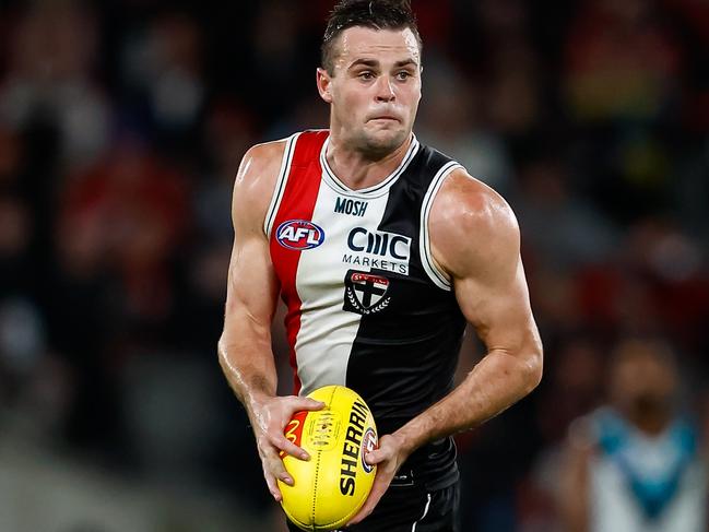 MELBOURNE, AUSTRALIA - APRIL 28: Brad Crouch of the Saints in action during the 2023 AFL Round 07 match between the St Kilda Saints and the Port Adelaide Power at Marvel Stadium on April 28, 2023 in Melbourne, Australia. (Photo by Dylan Burns/AFL Photos via Getty Images)