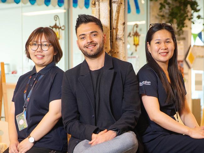 Guardian Childcare & Education St Kilda North centre manager Jose Vergara with new hire Jing Tan (L) and assistant manager Mei Lee Teoh (R). Picture: Mark Stewart