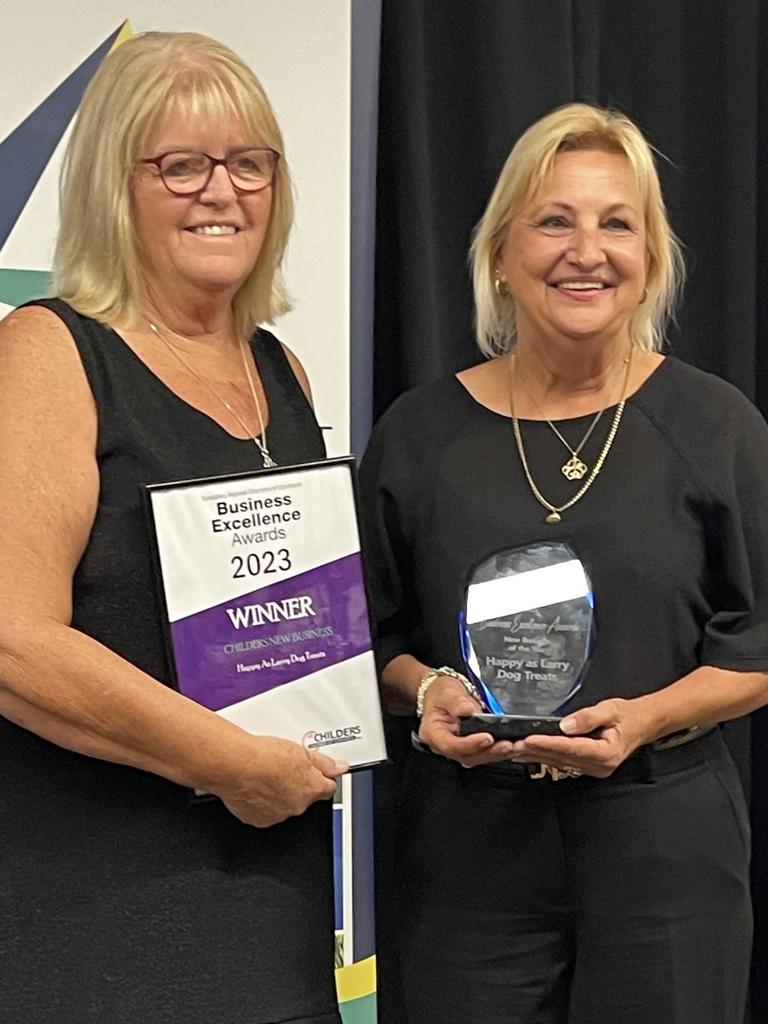 Sandy Tyas from Happy as Larry Dog Treats was presented with the Childers New Business of the Year award by Childers Chamber of Commerce President Margaret Smith at the 2023 Bundaberg &amp; District Business Excellence Awards.