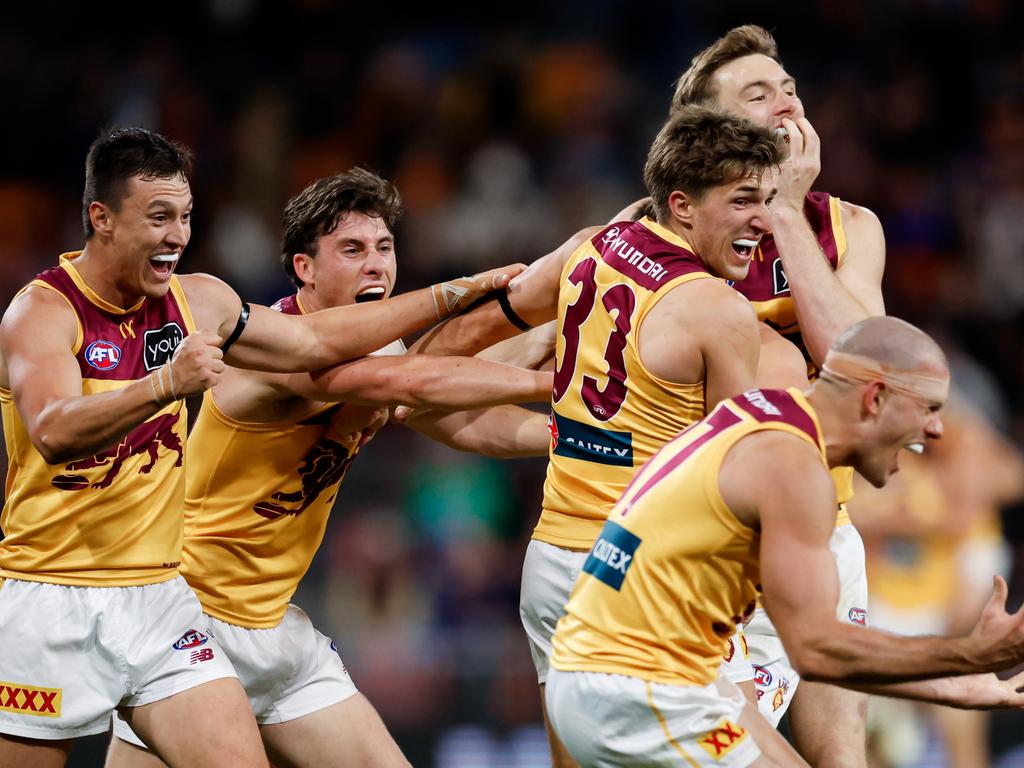 The Lions after their come-from-behind semi-final win over GWS. Picture: Dylan Burns/AFL Photos