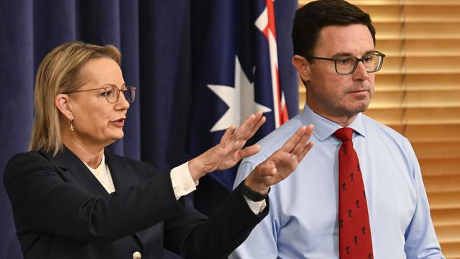 Leader of the Opposition Sussan Ley and Party leader of the National Party of Australia David Littleproud hold a press conference at Parliament House in Canberra. Picture: NewsWire / Martin Ollman