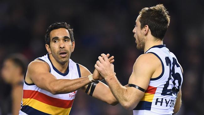 Eddie Betts and Richard Douglas of the Crows celebrate a goal at Etihad Stadium. Picture: Getty Images