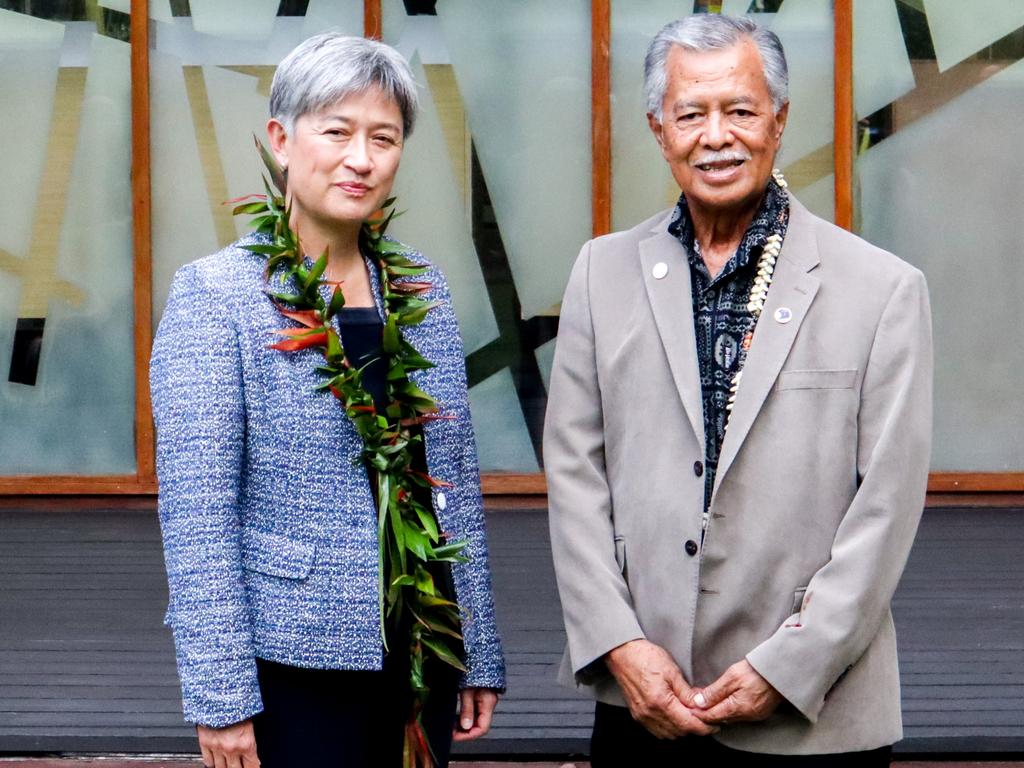 Foreign Minister Penny Wong, with Henry Puna, the Secretary General of the Pacific Islands Forum, in Suva. Picture: Pita Simpson / Getty Images